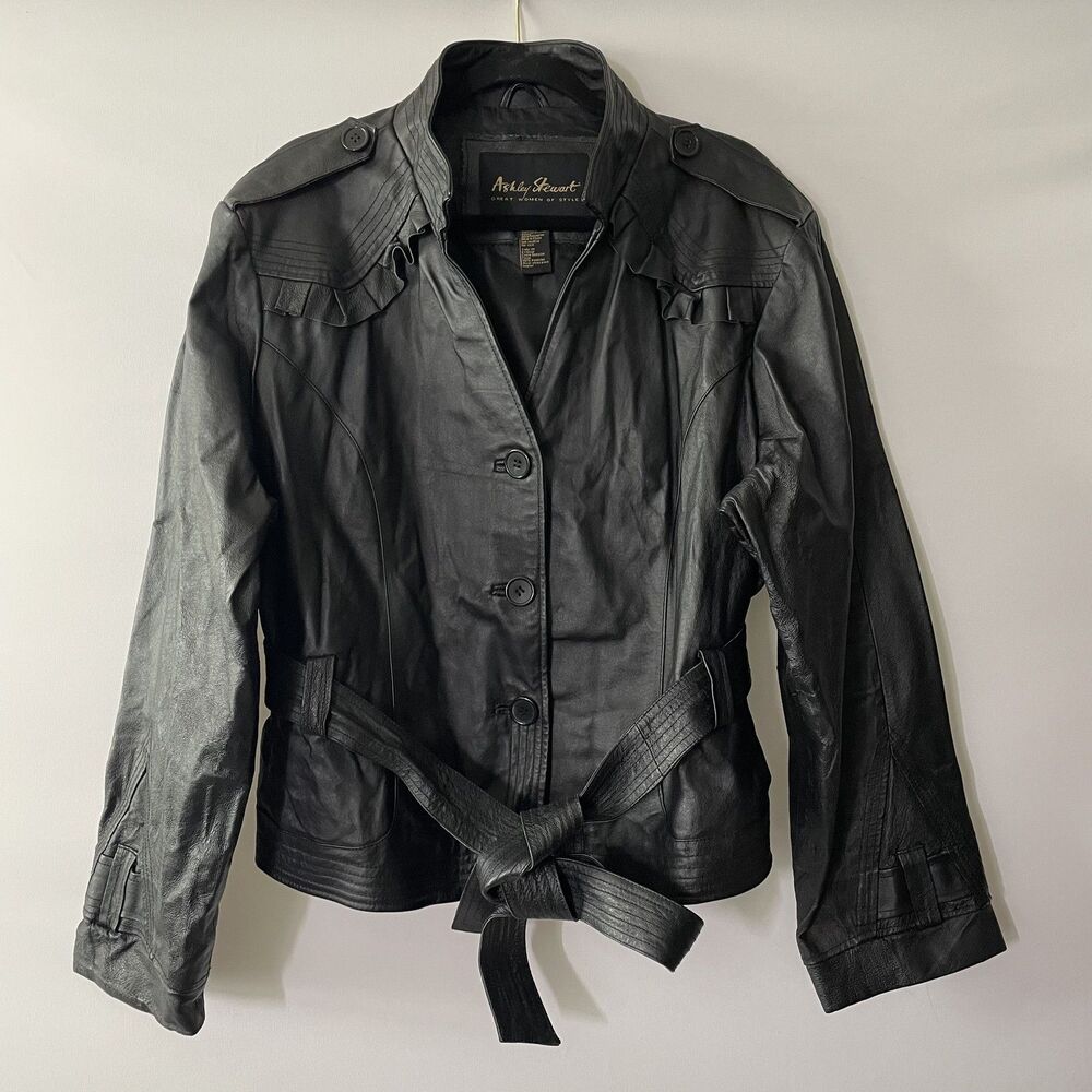 Ashley Stewart Womens Belted Leather Jacket Black Ruffle Trim Size 3X-dmpv